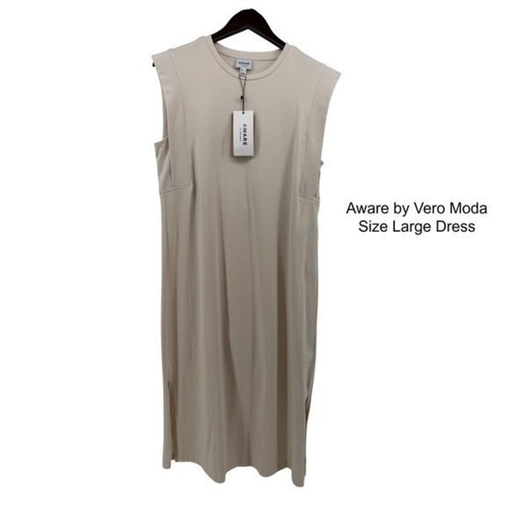 Aware by Vero Moda Birch Beige Organic Cotton Muscle Shoulder Midi Dress Large